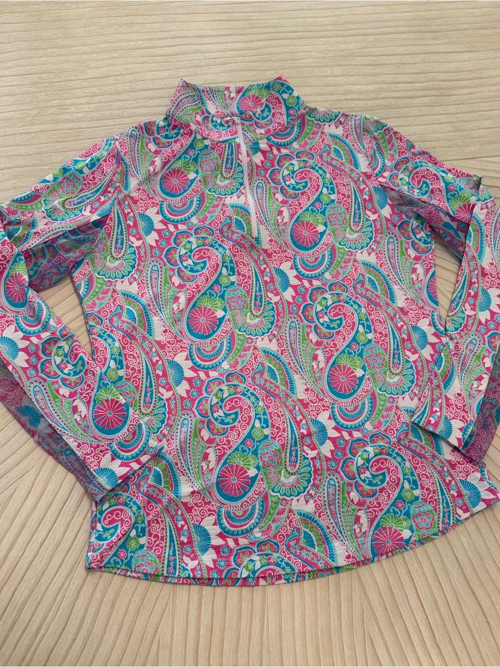 IBKUL Pink Paisley Long-Sleeve Quarter zip with Teal Accents